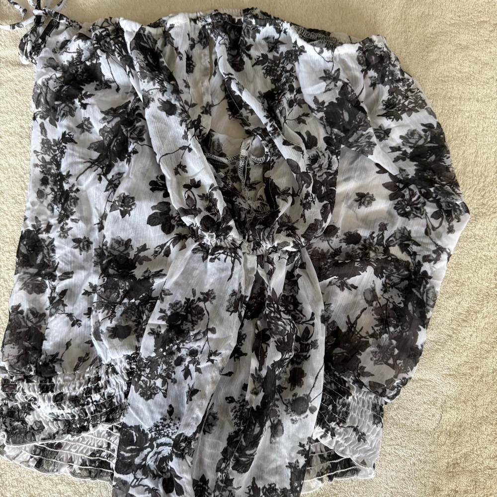 Women's Floral Blouse Top XL White Black - Picture 6 of 10